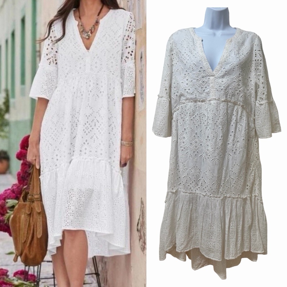 Sundance Selma Embroidered Eyelet Peasant Dress Midi Dress Size M White Cottage